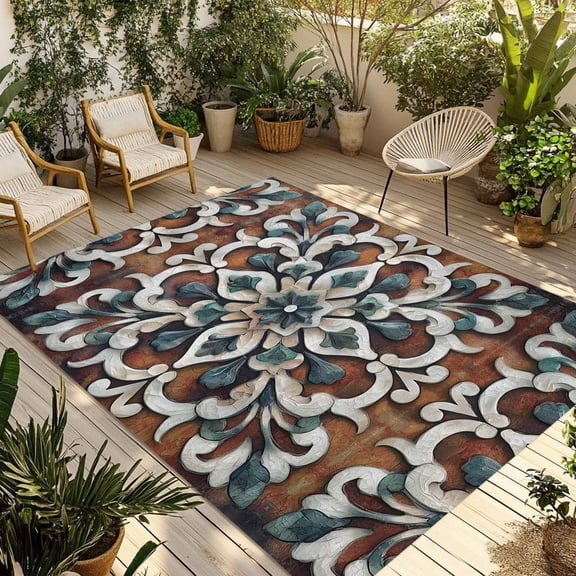 Fsddascl Brown Teal Boho Outdoor Rug for Patio/Deck/Porch, Non-Slip Large Area Rug 5 x 8 Ft, Ethnic Rustic Abstract Flowers Indoor Outdoor Rugs Washable Area Rugs, Reversible Camping Rug Carpet
