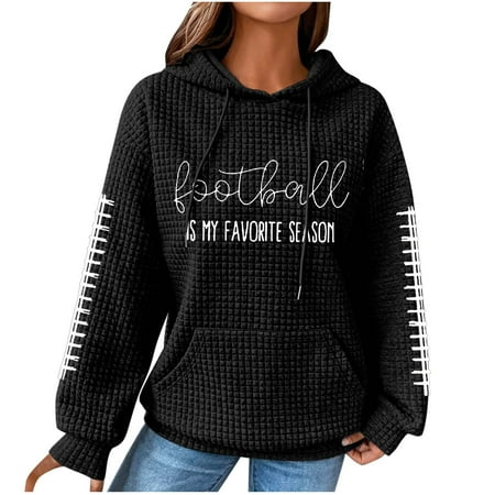 Virmaxy 2024 Fashion Women s Baseball & Letter Print Hoodies Loose Fit Waffle Knit Sweatshirt with Pocket for Fall Winter Black-4 XL