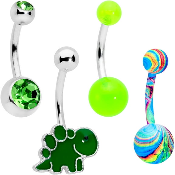 Body Candy 4Pc Green UV Glow Color Swirl Dinosaur Bonus Pack Steel Belly Button Rings 14G Navel Piercing