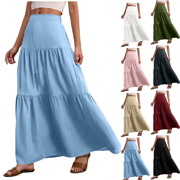 Women's Casual Tiered Maxi Skirt - Solid Color Elastic Waist Textured Ankle-Length Skirt for Summer