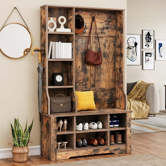 Dextrus 39" Hall Tree with Shoe Storage, Coat Rack with Bench for Entryway Corner Narrow Adjustable Shelf, Brown