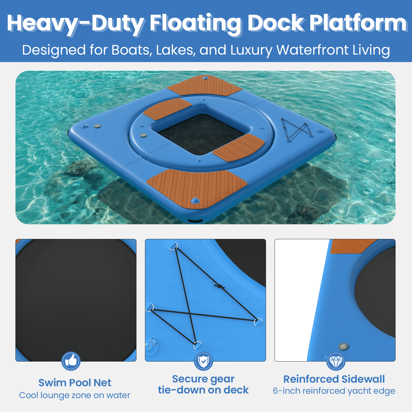 Bezliving 2 in 1 Inflatable Floating Dock Platform, Square EVA Traction Deck with Mesh Swim Net and Inner Floating Island, 6 in Thick, D Rings, Boat Swim Platform for Lake and Pool