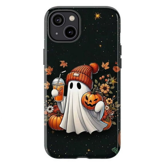 Cozy Pumpkin Ghost iPhone Case – Fall Leaves, Pumpkin Drink & Halloween Flowers, Cute Autumn Spirit Cover for iPhone 16 15 14 13 12 11 Mini Pro Max
