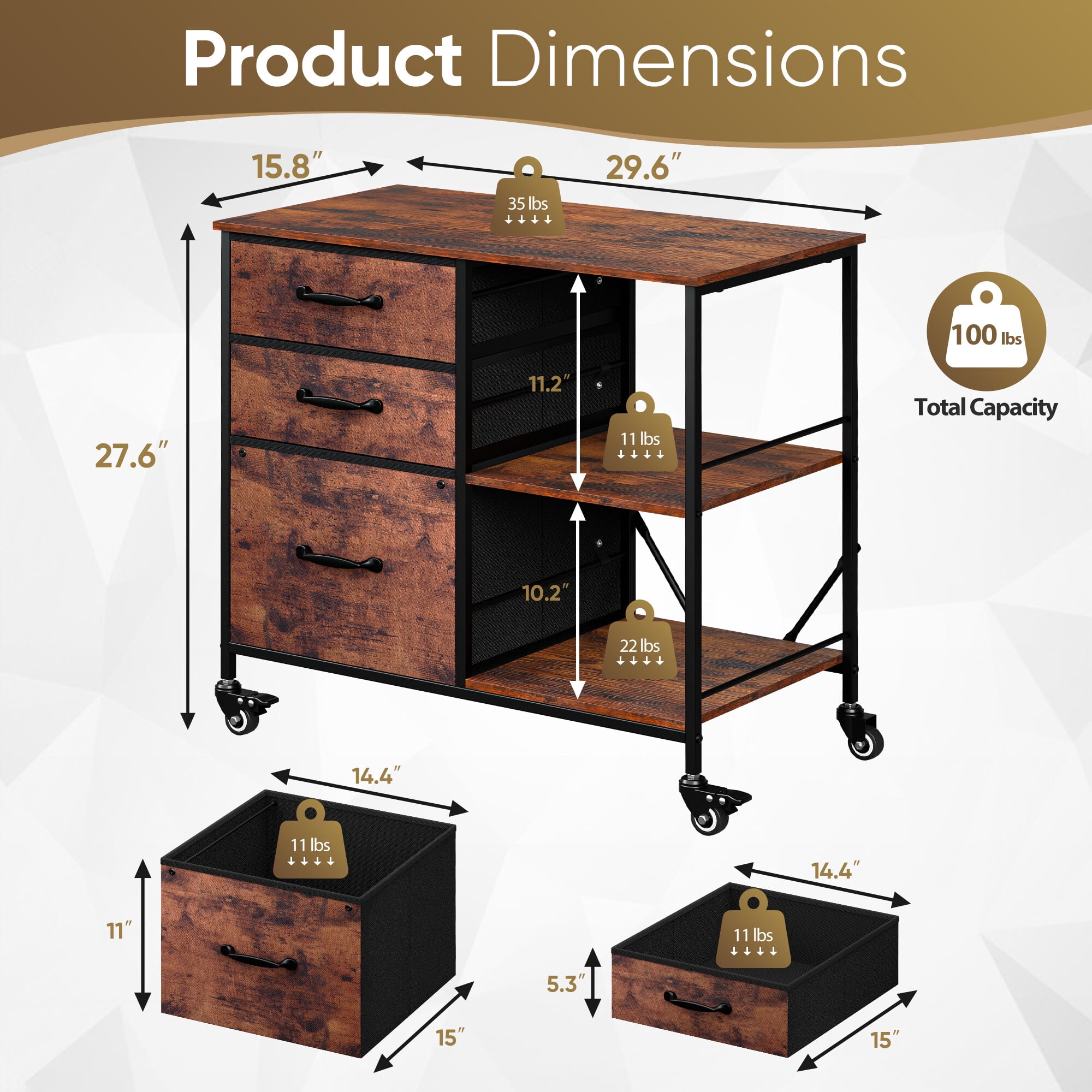 ZENSTYLE Storage Shelf 3 Drawer Rolling Stand Mobile File Cabinet for Home Office, Rustic Brown