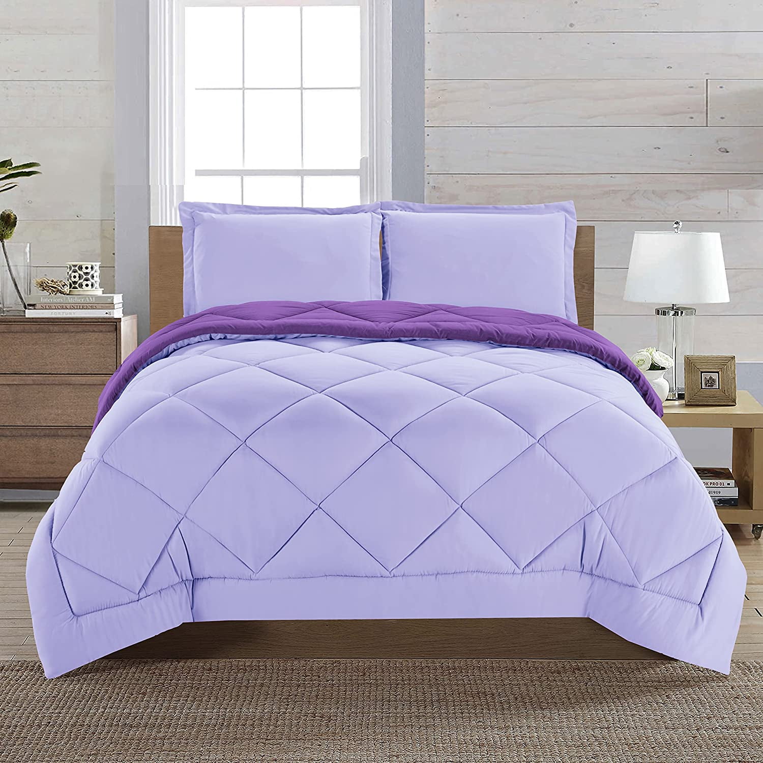 Reversible 3-Piece Comforter Set with Matching Shams, Two Colors in One for Ultimate Versatility and Style, Twin/Twin XL, Lilac/Purple