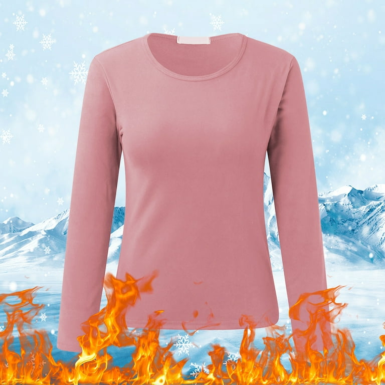 Miayilima Women O Neck Fleece Lined Thermal Thermal Underwear Slim Tops  Long Sleeve Thermal Shirts Winter Tops Pink XL
