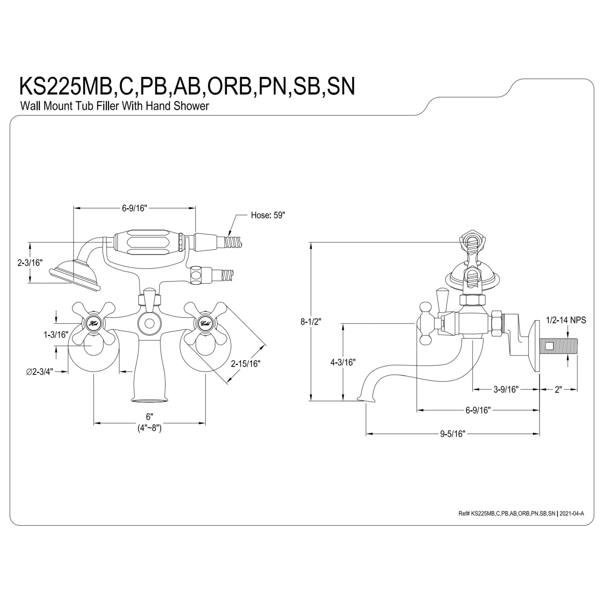 Kingston Brass KS225SN Kingston Wall Mount Clawfoot Tub Faucet with Hand Shower, Brushed Nickel