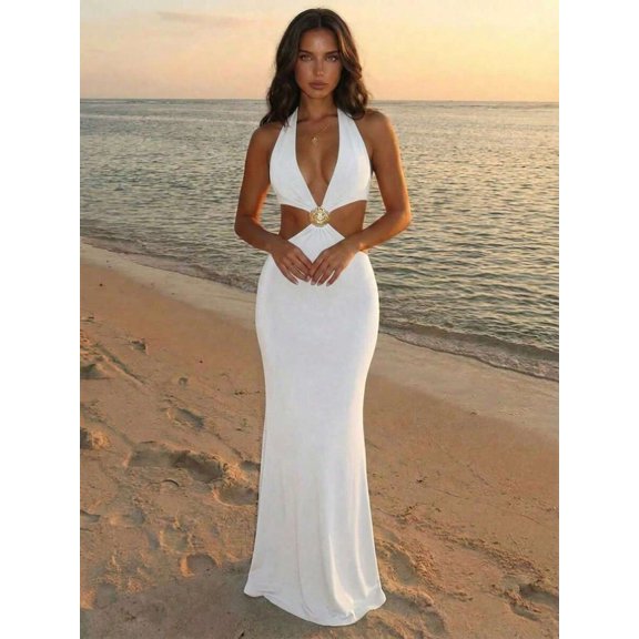 White Womens Deep V Halter Backless Fitted Maxi Dress With Ornamental Shell Decor