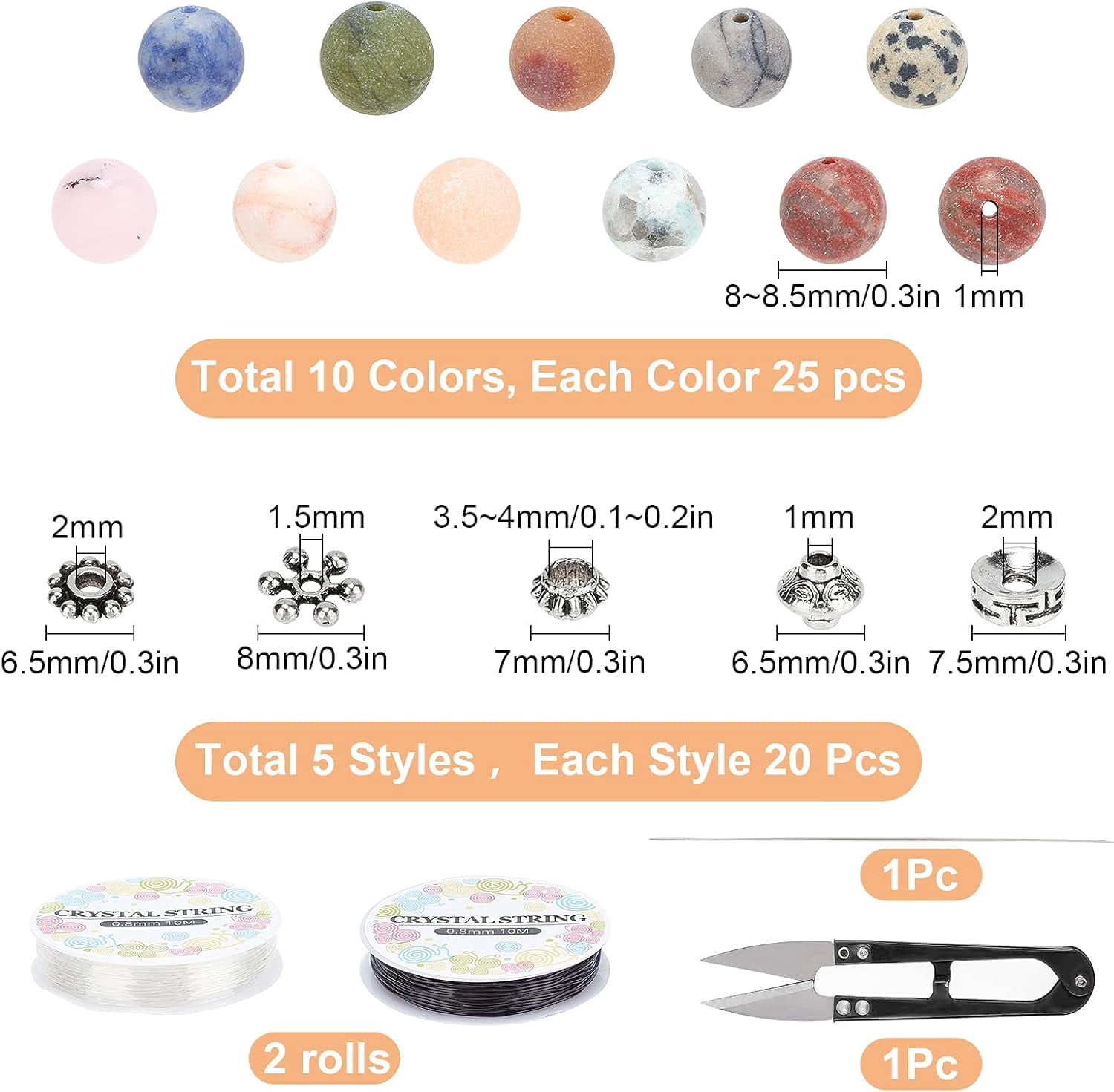 DIY Stretch Bracelets Making Kits Including Frosted Natural Gemstone Round Beads Alloy Spacer Beads Iron Beading Needles Gemstone Beads: 8~8.5mm Hole: 1mm 250pcs/set