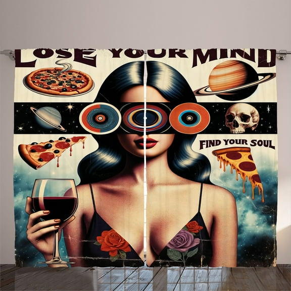 Ambesonne Vintage Curtains 2 Panel Set, Galaxy Woman Skull Pizza, 108" x 90", Tan Eggshell Multicolor
