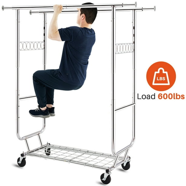 Hokeeper 600 Lbs Heavy Duty Clothing Garment Rack With Shelves Commercial Grade Racks On Wheels Rolling Double Clothes Portable Collapsible Adjustable Chrome Finish Com Heavy Duty Clothing Garment Rack, Commercial Grade Adjustable Folding Garment Rack