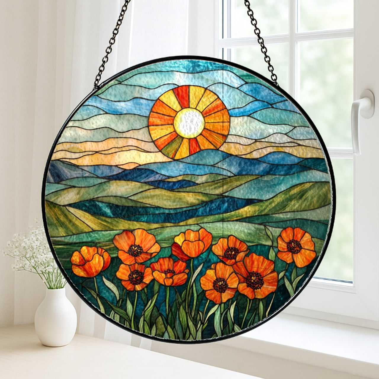 Orange Poppy Wildflowers Stained Glass Window Hanging, Botanical