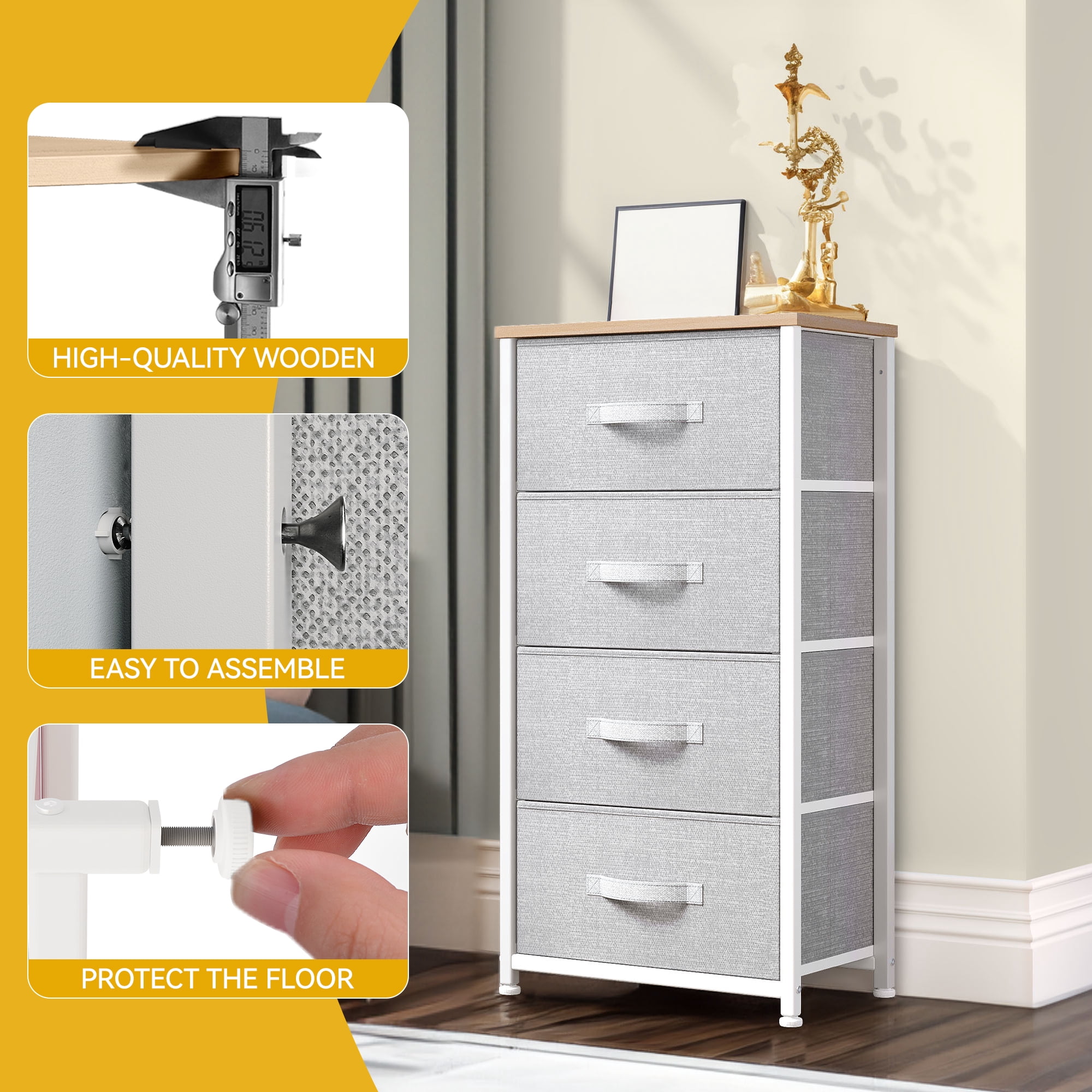 YINTATECH 4 Drawer Dresser Storage Unit Shelf Organizer Bins Chest Fabric Drawers, Light Gray"