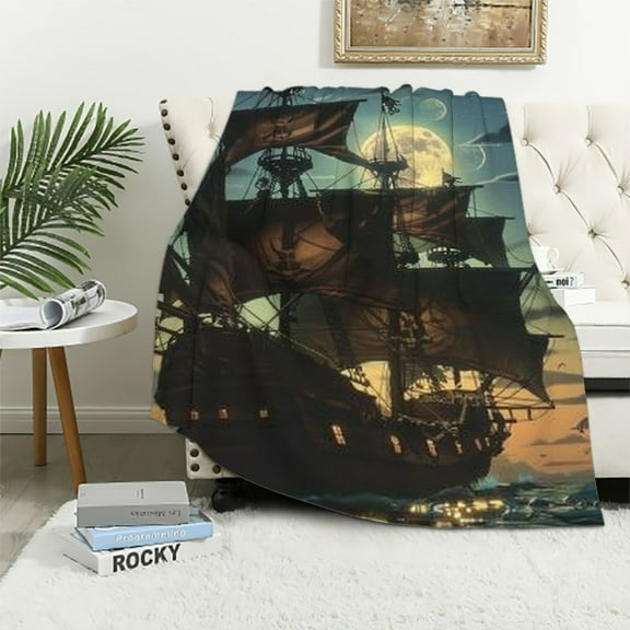 Pratyus Pirate Ship Ocean Full Moon Flannel Throw Blanket for Couch Sofa Bed Home Decor All Seasons - Long Lasting Blanket 40x50in