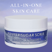 JSFA Pamper Sugar Scrub, Organic Coconut Lavender, All Natural Exfoliant and Moisturizer for Dry Skin, Fine Lines, 4 oz, Made in USA