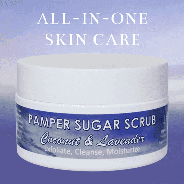 JSFA Pamper Sugar Scrub, Organic Coconut Lavender, All Natural Exfoliant and Moisturizer for Dry Skin, Fine Lines, 4 oz, Made in USA