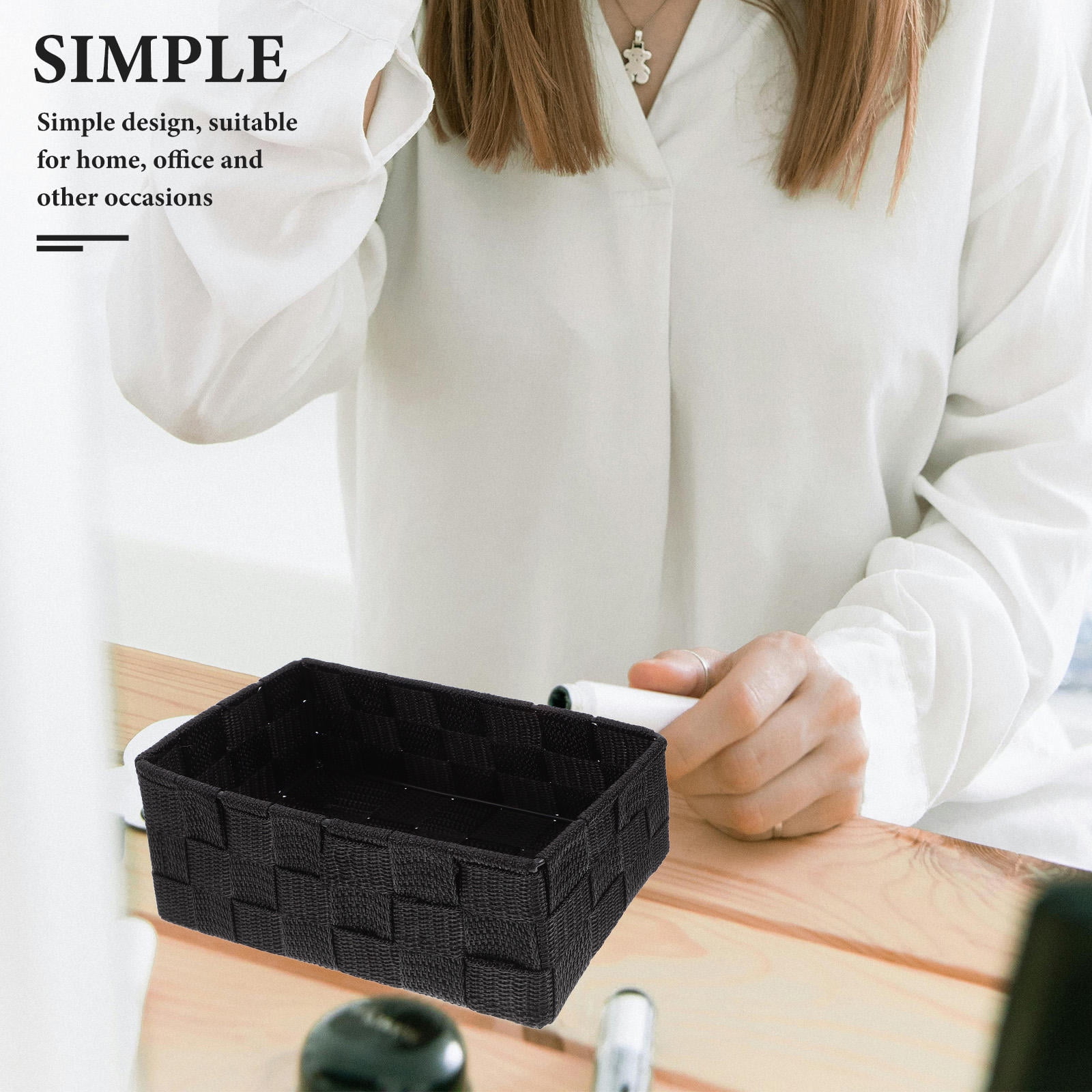 WHAMVOX Black Woven Storage Basket for Bathroom Organization Made of Durable Straw and Iron 1 Set