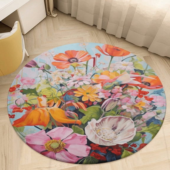 Spring Flowers Round Area Rugs for Bedroom Living Room, 4FT Soft Indoor Circle Carpets, Carpet Home Decor Floor Mat