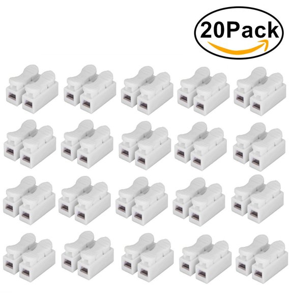 20Pcs CH2 Spring Quick Wire Connector Terminal Block For LED Strip Light, 2Pin Cable Clamp For 20-12 AWG Hard Or Soft Copper Wire, Flame Retardant Electrical Splice Connector No Screws Needed White