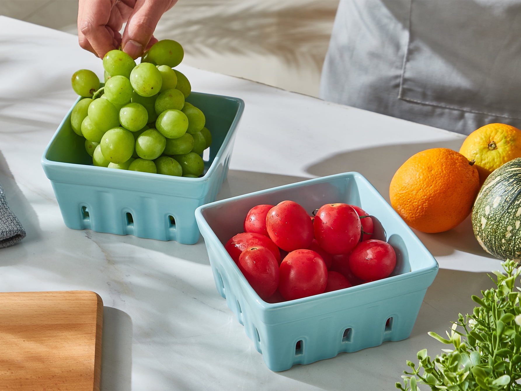 CONTENPO Ceramic Berry Basket Square Fruit Bowls with Holes Berry Bowl Colander Fruit Basket for Kitchen Décor - 5.9" Berry Containers for Fridge, Set of 2, Blue