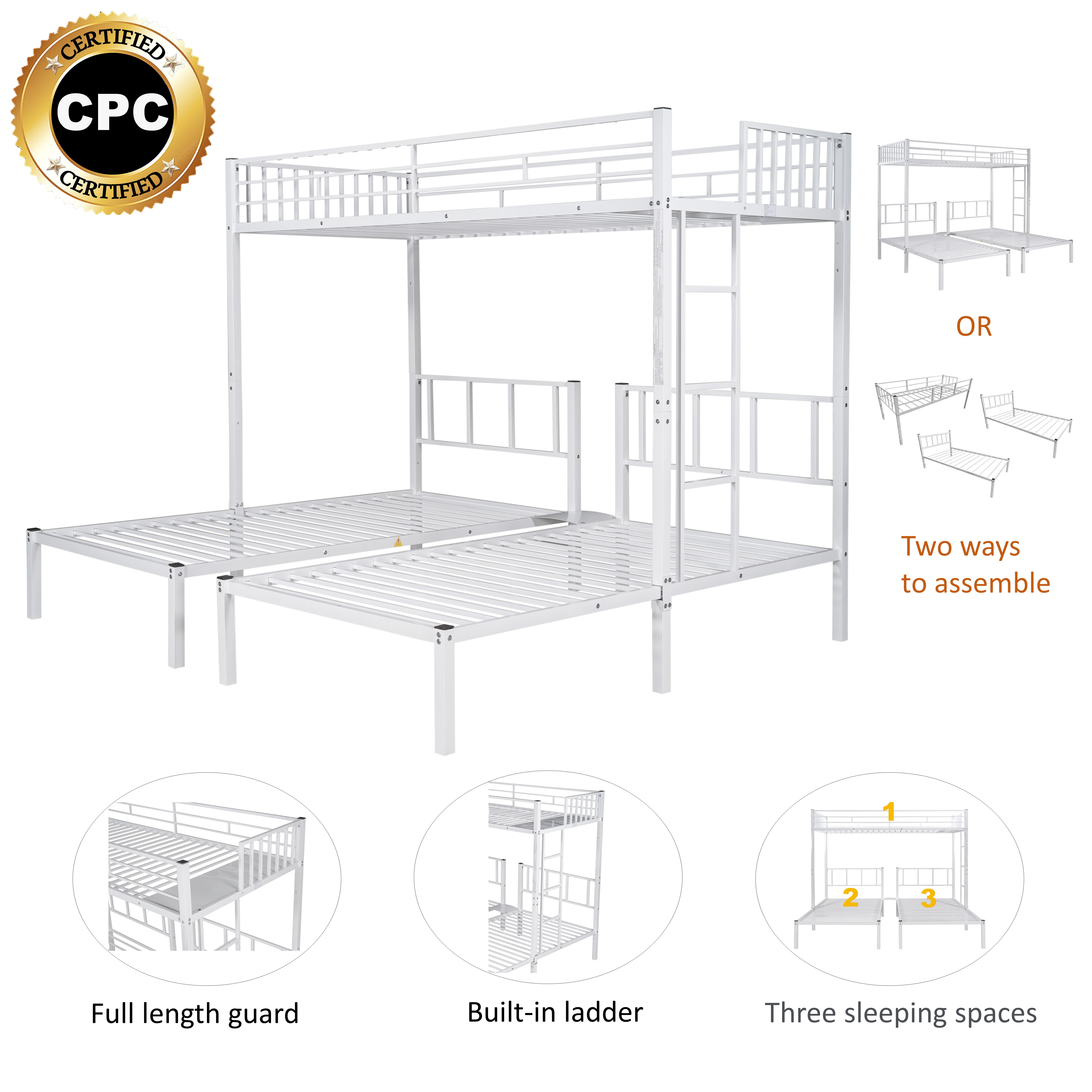 White Triple Twin Bunk Bed, Can Be Separated Into 3 Twin Beds, Suitable for Bedroom Living Room Dorm, 91.73"L x 77.95"W x 72.05"H, for Kids Adults Teens【2022 New】 - image 5 of 9
