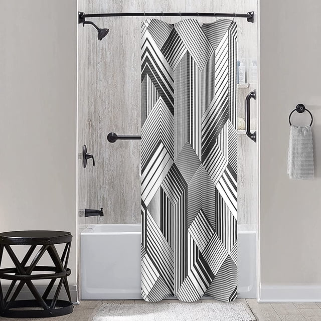 Petit Rideau de Douche Noir et Blanc pour Kiosque, Rideaux de Douche Modernes à Rayures pour Salle de Bain, Ensemble de Rideau de Bain en Tissu Texturé, Rideau de Douche Imperméable pour Salle de Bain de Dortoir Universitaire, 6 Crochets, 36 Pouces x 72 Pouces