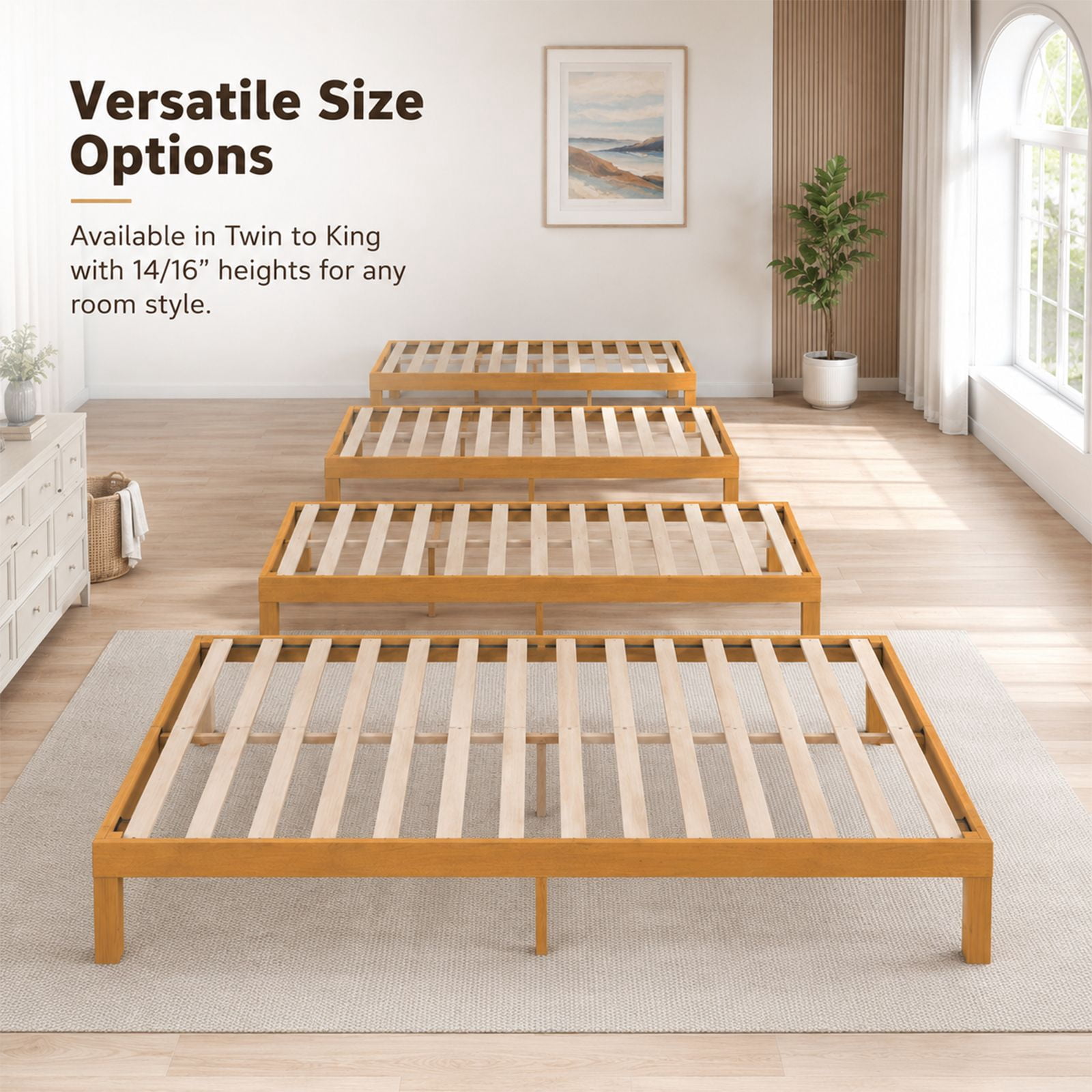 Alvantor Natural Pine Platform Bed Frame, 14" High, Sturdy Wood Sturdy Slats, Noise-Free Design, No Box Spring, Easy Assembly