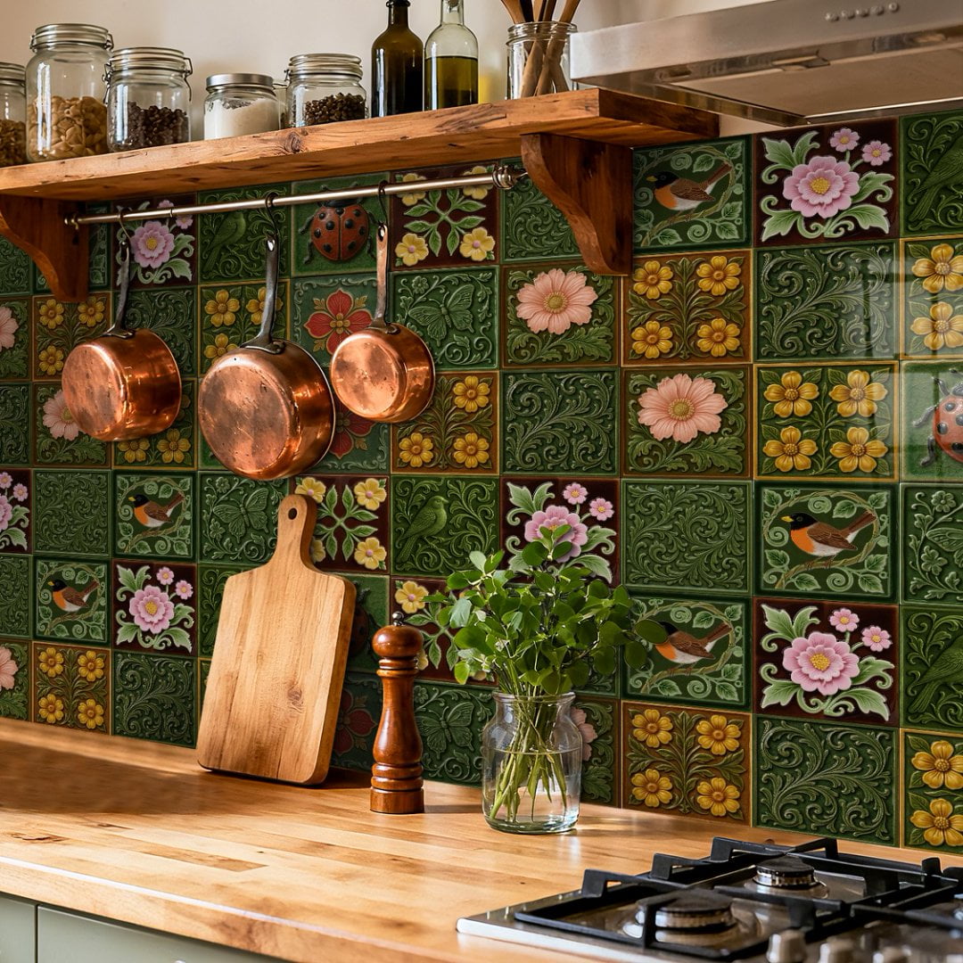 12 Sheets Tile Sticker Waterproof Peel and Stick Backsplash 5.9" x 5.9" Green Flower Wall Stickers Self-Adhesive DIY Decor Decals