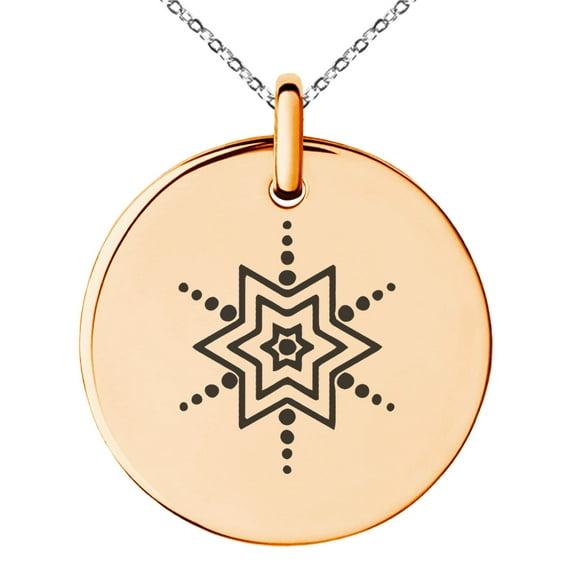 Gold Plated Stainless Steel Radiant Star Snowflake Engraved Small Medallion Circle Charm Pendant Necklace
