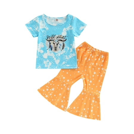 

Suanret Kids Toddler Girls Outfits Cow Head Letter Print Tie-dye Short Sleeve T-shirt + Star Print Flared Pants Blue Orange 3-4 Years