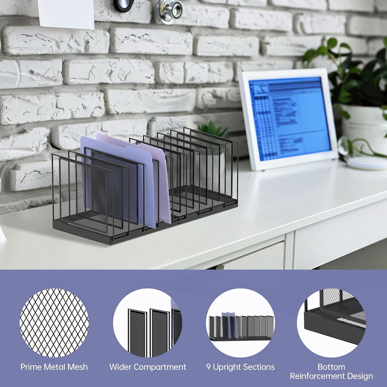 INTIGE Desktop File Sorter, Vertical File Folder, Mail Sorter Organizer, Metal Desktop File Folder Organizer, Black