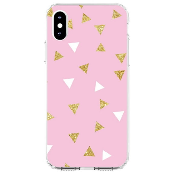 DistinctInk Clear Shockproof Hybrid Case for iPhone X / XS (5.8" Screen) - TPU Bumper, Acrylic Back, Tempered Glass Screen Protector - Pink & Gold Print - Triangles Pattern