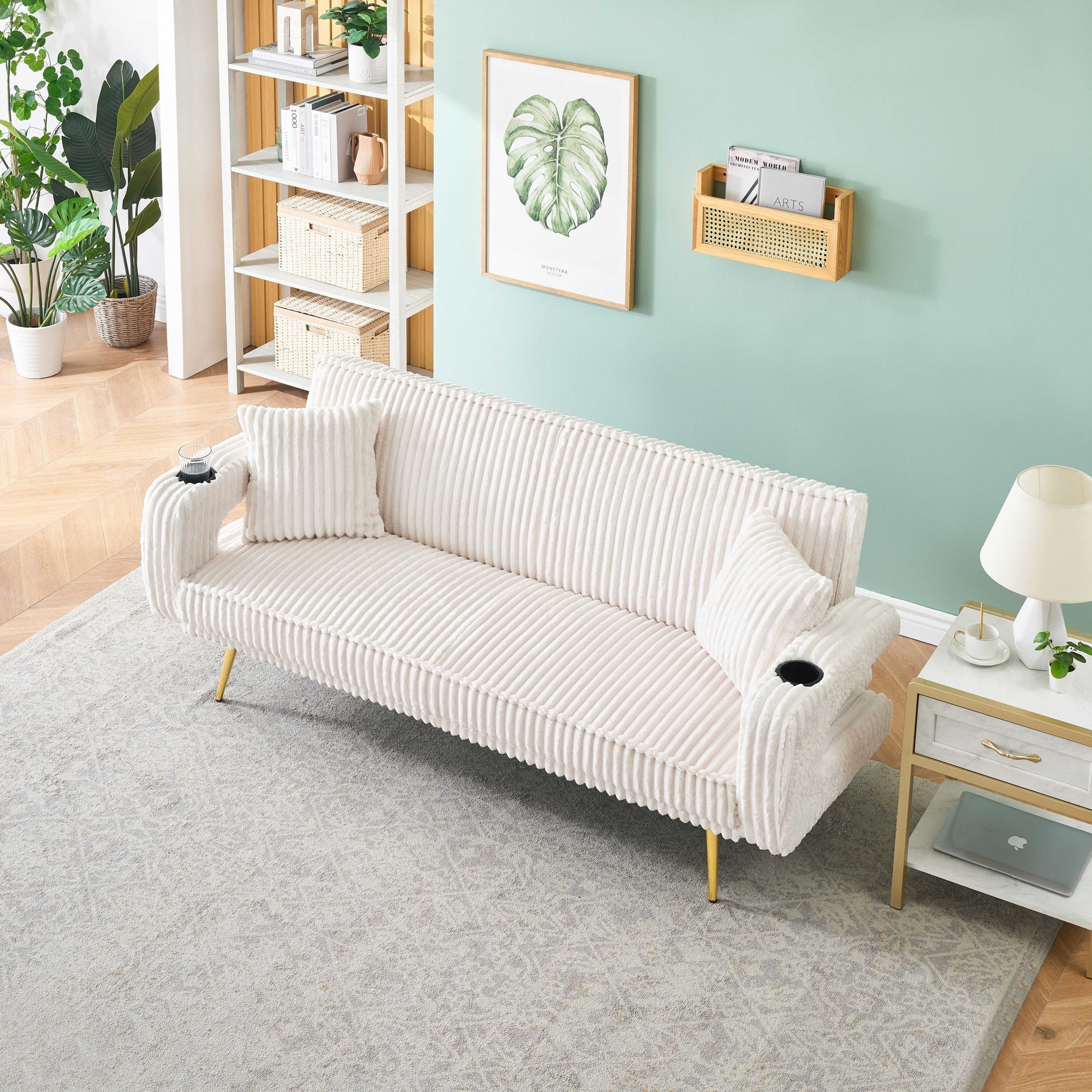 Corduroy Futon Sofa Bed with Pillows,74 inch Modern Convertible Loveseat Sleeper Bed with Adjustable Backrest for Living Room,White