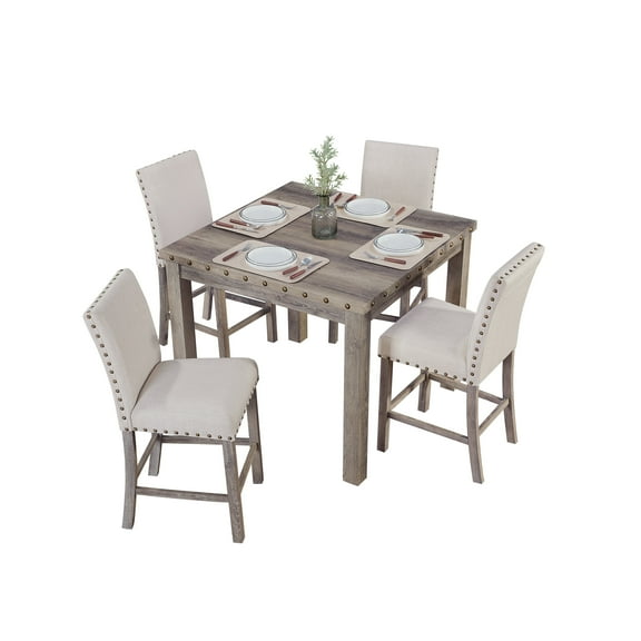 Vintage 5-Piece Rural Log Wood Counter Height Dining Room Set Square Table Cushioned Chair-Morden Fort