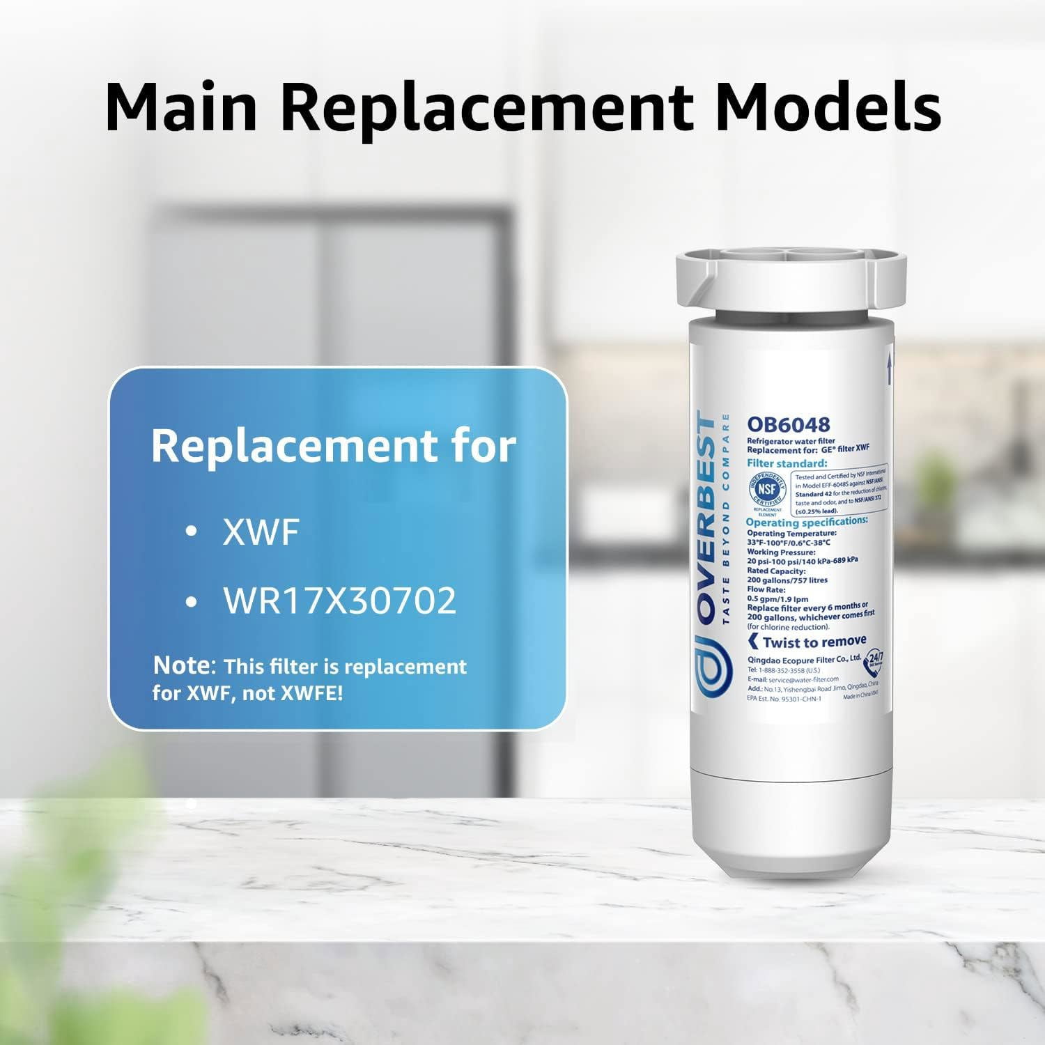 Overbest OB6048 Replacement for GE® XWF Refrigerator Water Filter, 3 Pack (Not XWFE®)