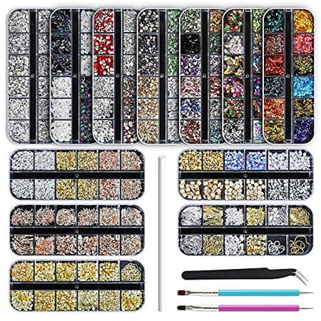 Artdone 12 boxes Nail Rhinestones Nail Gems Nail Diamonds Nail Art Studs Nail Crystals Nail Sequins for Nails Kit with 1 Tweezers and 3 Pen for Nail Art Supplies Accessories