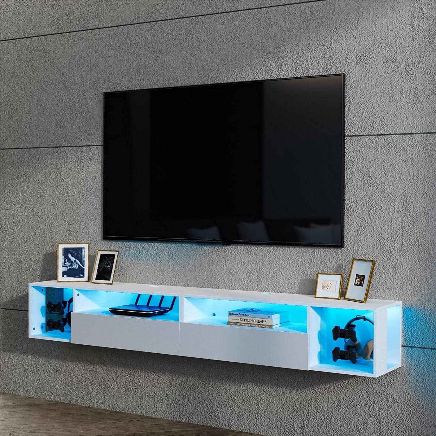 SogesPower 39.3 inches Length Floating TV Stand with Lights,Floating Entertainment Center, Suitable for Maximum Screen Size of 65 Inches,White