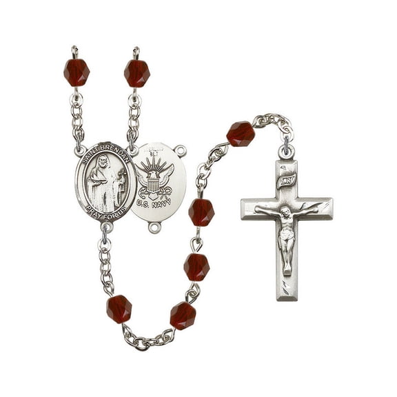 ST. BRENDAN the NAVIGATOR/Navy Silver-Plated Rosary 6mm January Red Fire Polished Beads Crucifix Size 1 3/8 x 3/4 medal charm