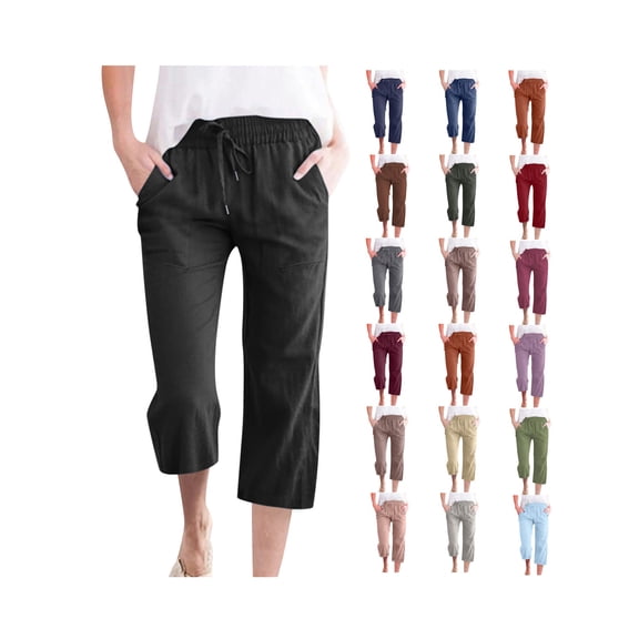 Shorts for Women Cotton Linen Summer Casual Capris Pants Elastic High Waist Straight Wide Leg Cropped Pants