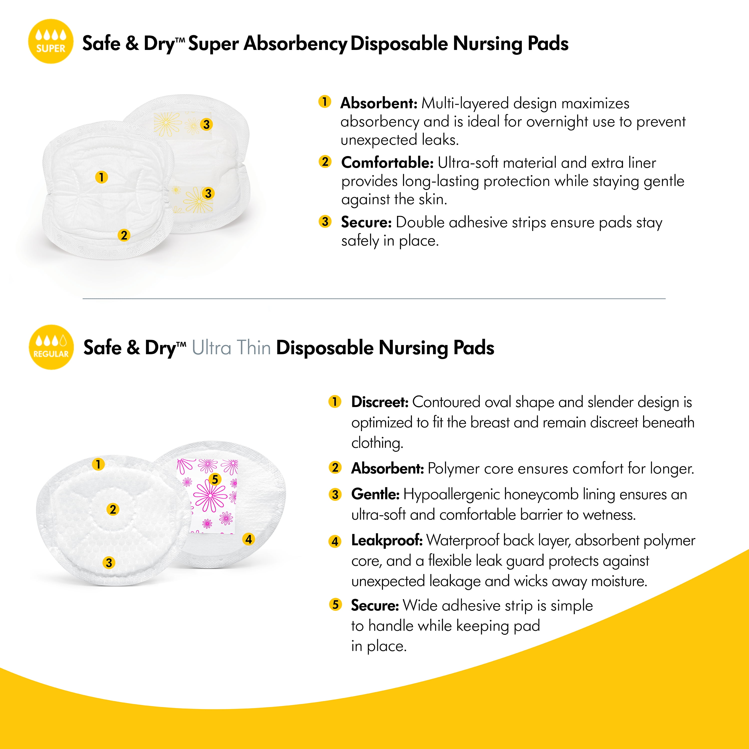 Medela Safe & Dry Ultra Thin Disposable Nursing Pads, 30 Count Breast Pads  for Breastfeeding, Leakproof Design, Slender and Contoured for Optimal Fit