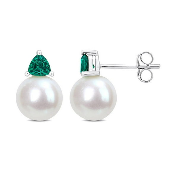 8-8.5 mm Cultured Freshwater Pearl Earrings with Lab-Created Emeralds 10K White Gold