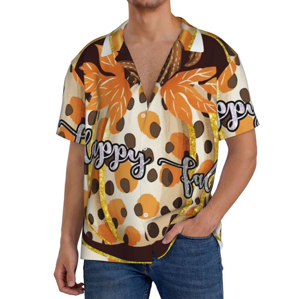 Balery Fall Farmhouse Pumpkins Camisa Casual de Manga Corta con Botones para Hombre, Texturizada, Estilo Cubano, para Playa, Verano-XX-Large