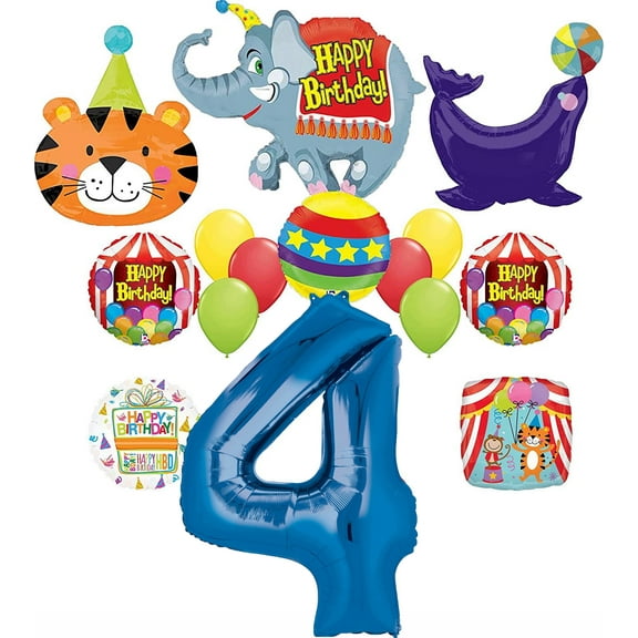 Circus Theme Big Top 4th Birthday Party Supplies and Balloon Bouquet Decorations Elephant, Tiger and Seal