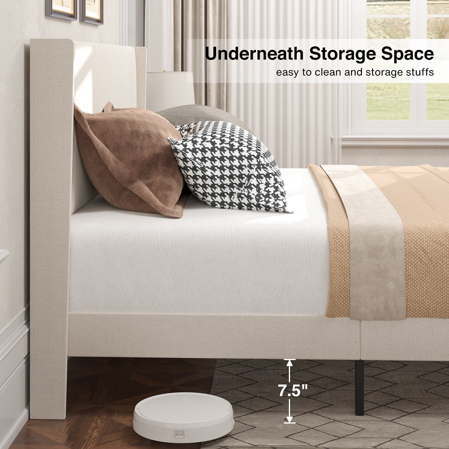 Full Size Platform Bed Frame, Upholstered with Wingback Headboard – Sturdy Metal Frame, Modern Beige Finish