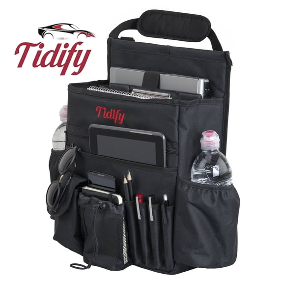 Tidify Car Seat Organizer with Velcro Sleeve, Stabilizing Straps, Front seat Storage Pockets for Laptop and Bottle Holders