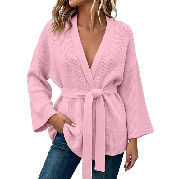 WRKEKC Cardigan Sweaters for Women Solid Color Mid Length Belted V-Neck Long Sleeve Knit Cardigan with Pockets