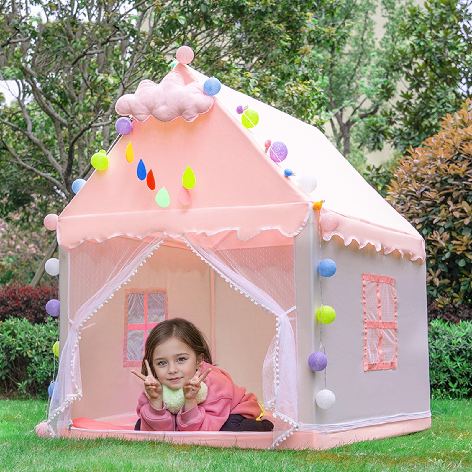 Kids Tent Play Tents for Toddler Large Pink Girls Princess Playhouse Castle with Windows Clouds and Ball Lights for Children Indoor and Outdoor Games 47.2" L x 39.4" W x 51.2" H