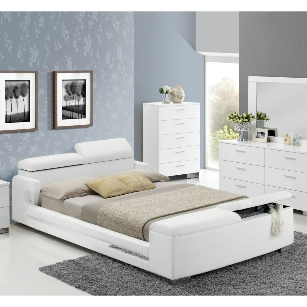 ACME Layla Queen Bed with Storage in White Faux Leather, Multiple Sizes