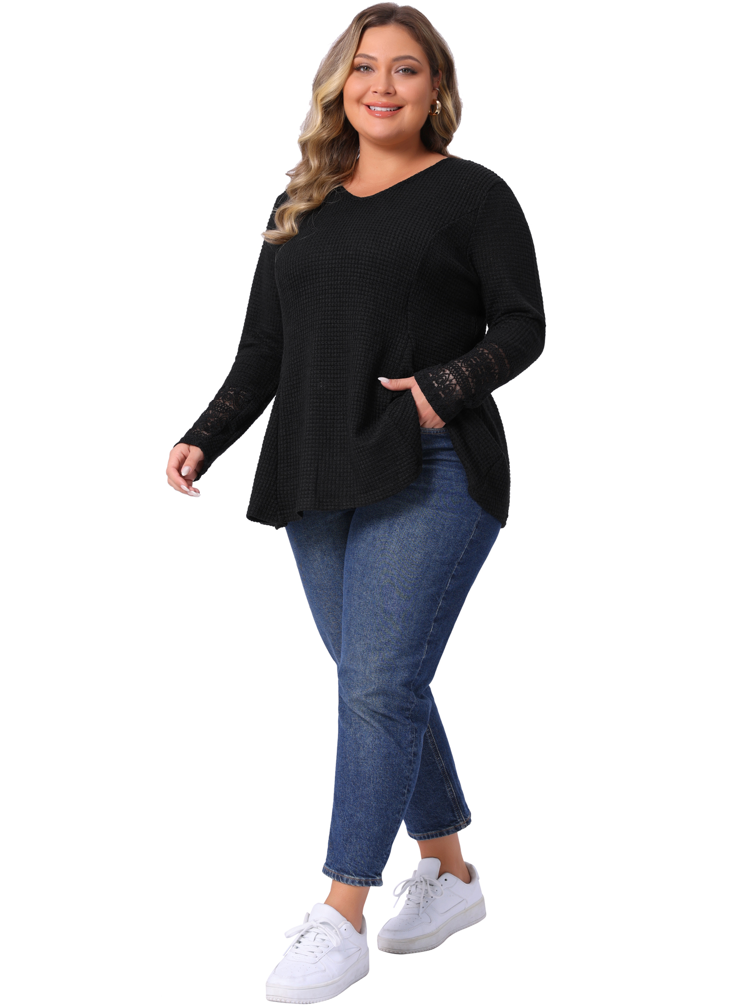 DARING DIVA Women's Plus Waffle Knit Tops V Neck Lace Patchwork Blouse 3X Black