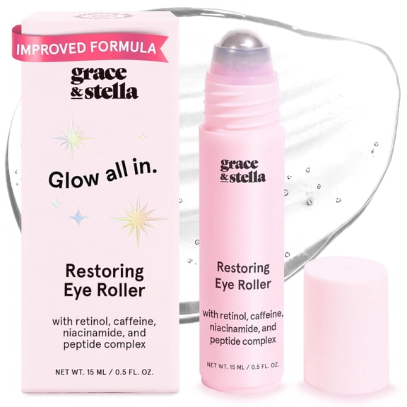 Grace & Stella Retinol and Caffeine Eye Brightener Roller, Hydrating Serum for Dark Circles and Puffiness, All Skin Types, 15 mL